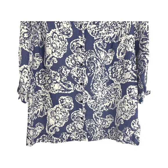JM Collection 3/4 Sleeve Linen Button Up Tunic Blue & White Paisley SZ 14 - Picture 2 of 9
